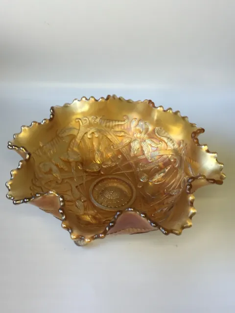 Vintage Imperial Carnival Glass Ruffle Edged 3 Footed Bowl Marigold Iridescent D