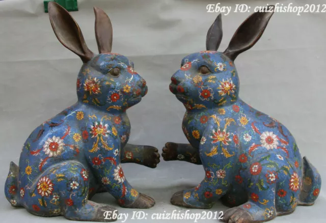 18" Chinese Purple Bronze Cloisonne Enamel Zodiac Year Rabbit Hare pair statues
