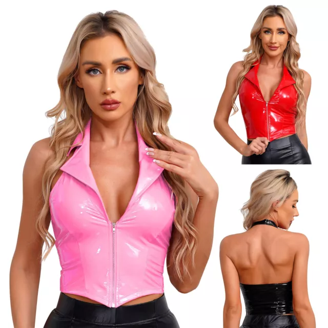 Womens Sexy Patent Leather Waistcoat Vest Halter Deep V Neck Lapel Crop Tank Top