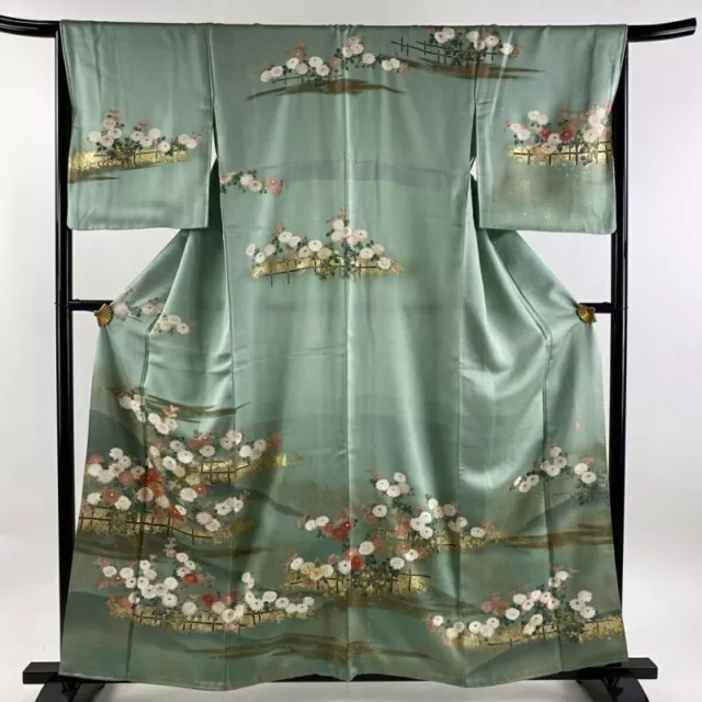 Woman Japanese Kimono Houmongi Silk Chrysanthemum Haze Gold Thread Foil Green