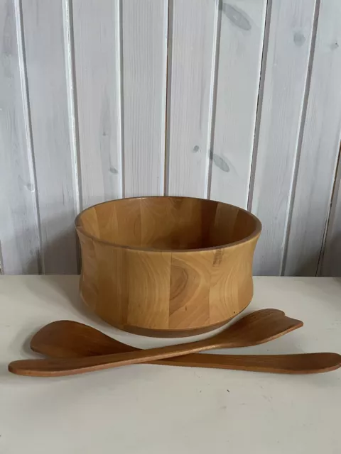 11" Williams Sonoma Vermont Bowl John McLeod Signed Wood Salad Bowl Fork Spoon