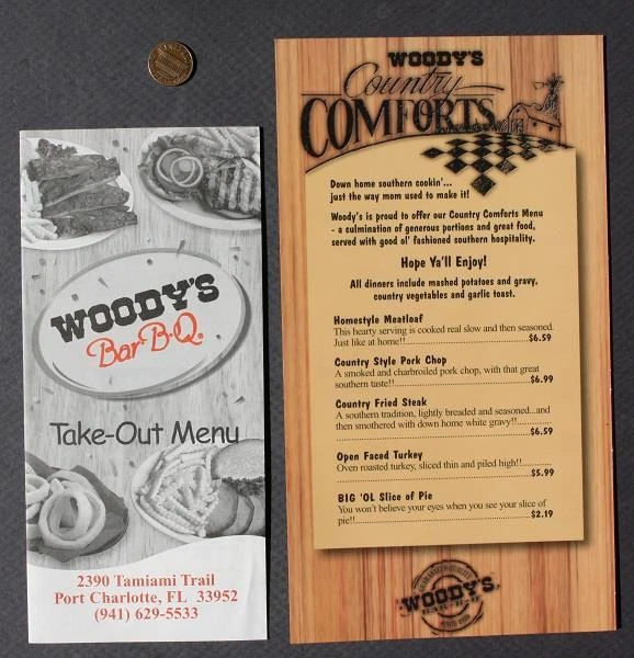198090S PORT CHARLOTTE Florida Woody's Bar BQ Restaurant TWO Menu set