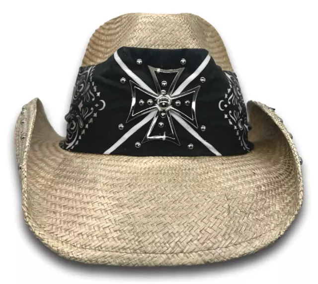 GENUINE PETER GRIMM Hollis Straw Fiber Cowboy Hat Handkerchief Iron ...