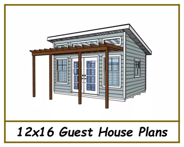Guest House Plans 12x16 - She Shed/Man Cave Plans - French Doors & 10 Windows