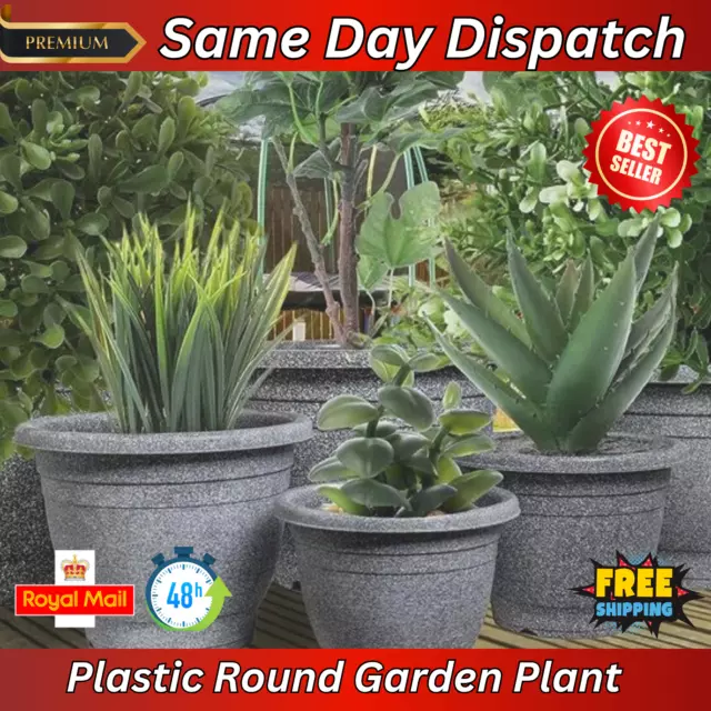 2 Large Plastic Round Garden Plant Pot Flower Pot Planter stone Effect