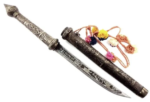 Antique Asian Burmese "Dha" Sword, Beautiful Silver Mounts, Inlaid Blade