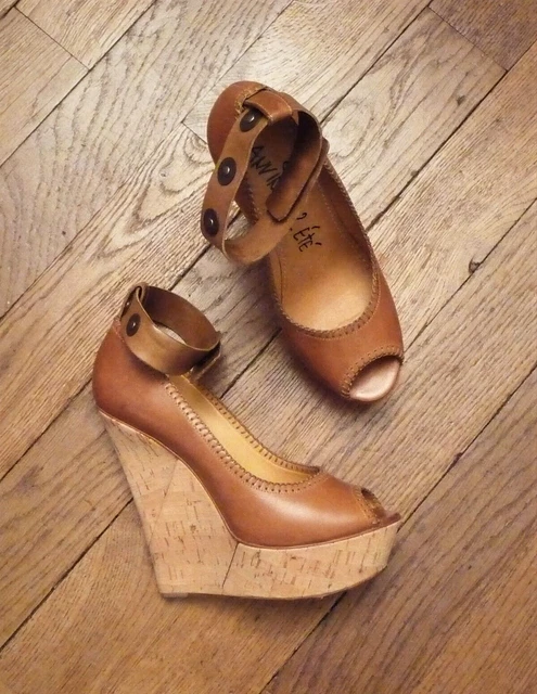 🌼 Escarpins/ Chaussures Compensées Cuir Marron avec Talon en Liège- 36- Lanvin
