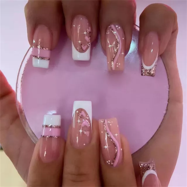 Coffin Short False Nail Glitter Pink French Press on Nails for