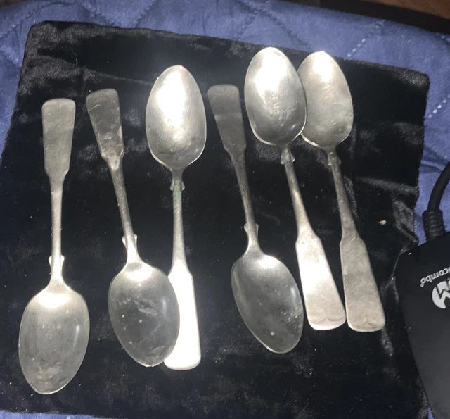Six Antique Metal Spoons Marked 910, 1877.