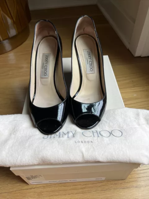JIMMY CHOO BLACK Patent Leather Peep Toe Wedge Heels 36.5 $45.00 - PicClick