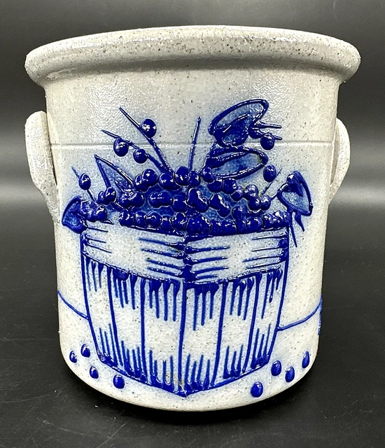 SALMON FALLS STONEWARE Blueberry Basket Crock / Bean Pot w/ Lid