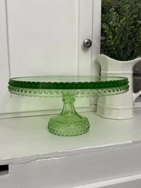 LE SMITH Green Glass Hobnail Pedestal 10” Cake Stand