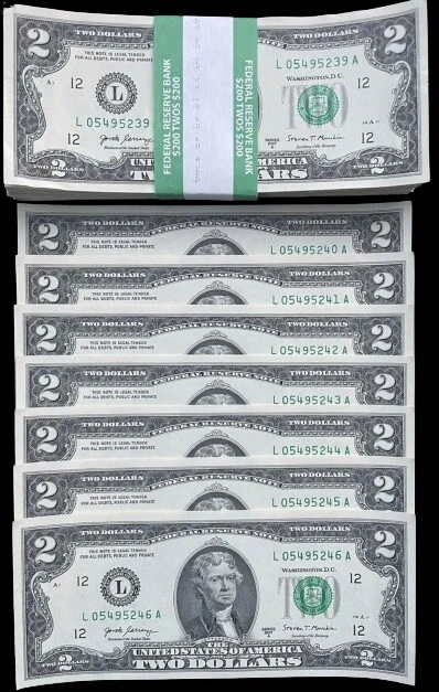🍀🍀Lot of 7 NEW Uncirculated Two Dollar Bills Crisp $2 Sequential Note 2017🍀🍀