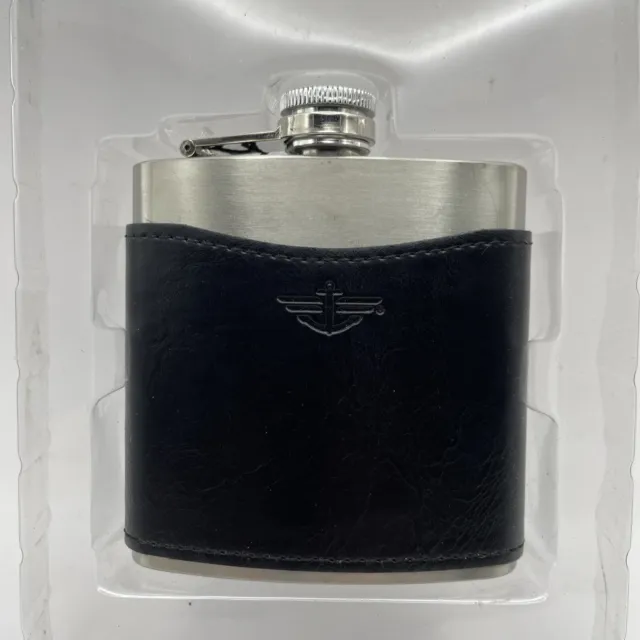 Alcohol Flask - Leather Wrapped Dockers Black and Silver New Never Used