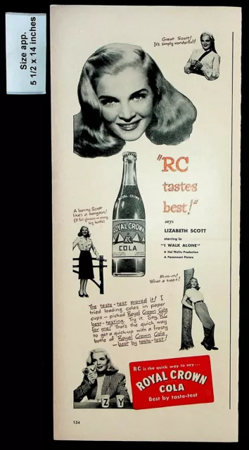 1947 RC Royal Crown Cola Soda Lizabeth Scott Actress Star Vintage Print Ad 29936