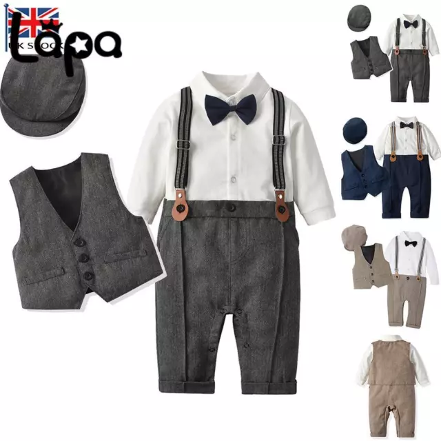 3PCS Baby Boys Gentleman Outfit Bowtie Jumpsuit Vest Hat Wedding Formal Suit Set