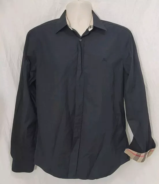 Burberry Brit Men's Black Shirt Nova Check Flip Cuff Long Sleeve Authentic