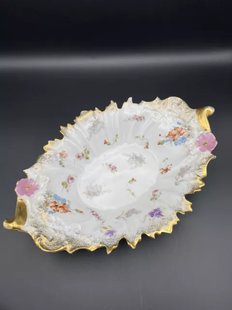 Oval Serving Bowl Scalloped Edges Gold Trim Pink Red Purple Flowers 12.5”
