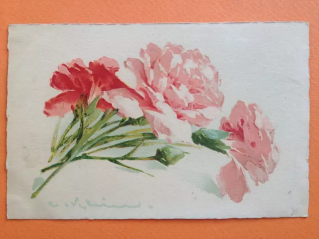 cpa Illustration Litho Signé Catherine KLEIN Fleurs Flowers Bouquet d' OEILLETS