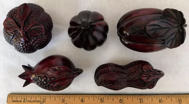 Lot 5 Vintage Japanese Hand-Carved Wooden Fruit Vegetable Peanut Trinket Box