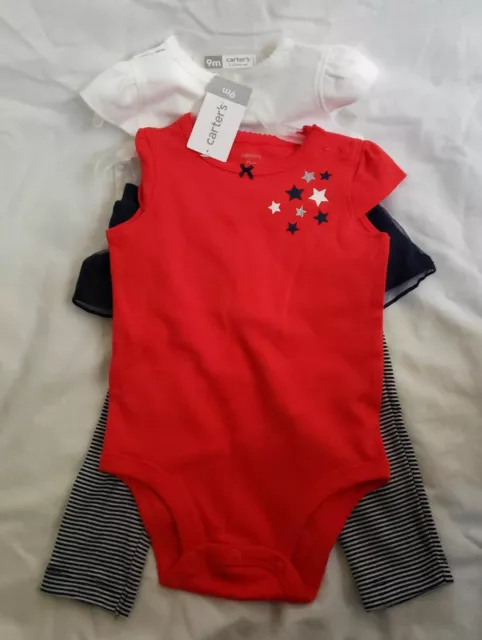 NWT Carters Baby Girl 3-Piece Red & White Bodysuit & Tutu Pant Set Size 9 M