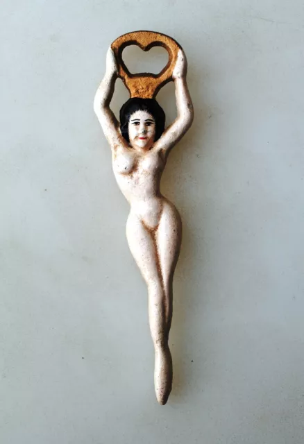 Vtg Art Deco Novelty Painted Cast Iron Nude Naked Lady Bottle Opener Orig Paint