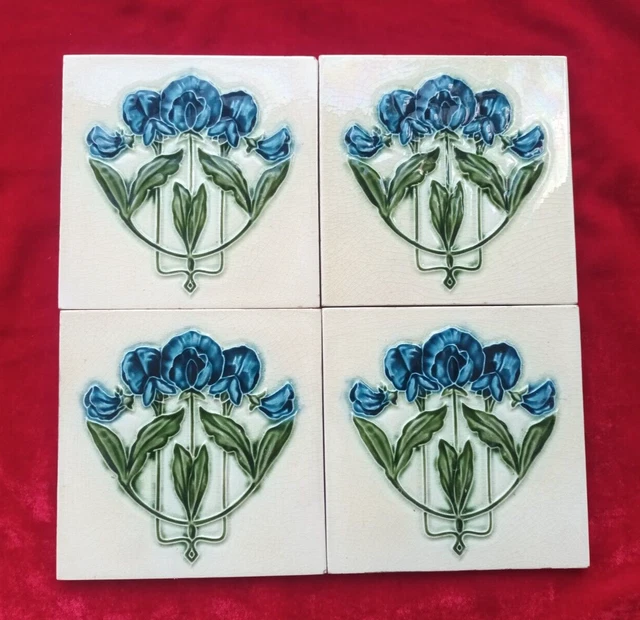 4 Piece Lot Old Art Flower Design Embossed Majolica Ceramic Tiles England 0381 3