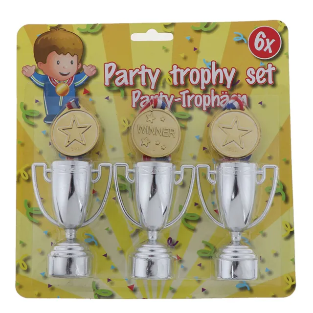 3 Stck. Gold Kunststoff Gewinner Medaillen + 3 Kunststoff Trophäe Spielzeug für Kinder Party Spaß PrLXI