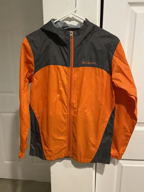 Boys Columbia Size L (14/16) Zip Up Hooded Nylon Jacket Orange/Gray