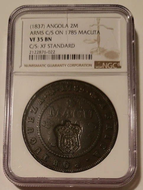 Angola 1837 2 Macutas Arms Counterstrike on 1785 Macuta VF35 BN NGC