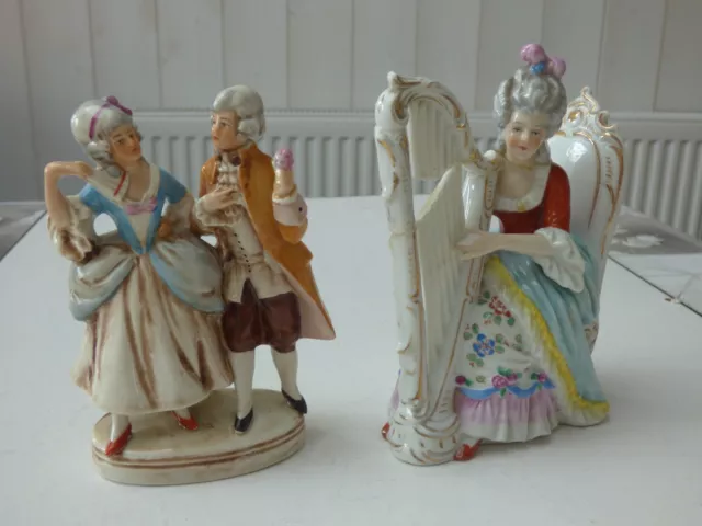 Groupe En Porcelaine Allemande Saxe Scene Galante + Joueuse De Harpe ( 2 )