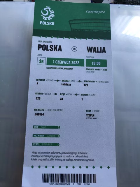 Poland V Wales Uefa Nations League 1st Jun 2022…Match Ticket