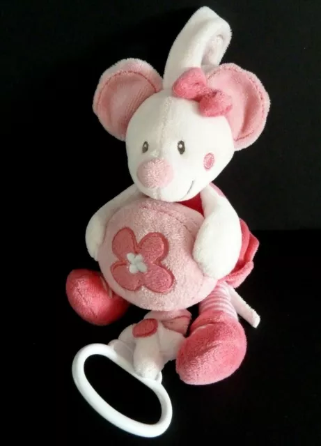 * DOUDOU PELUCHE MUSICAL NICOTOY SOURIS ROBE ROSE FLEUR PATTE RAYEE 22cm TTBE