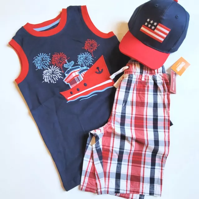 Gymboree boys 6 American Cutie Shiptank Tee Plaid Shorts Hat Set NWT 4th of July