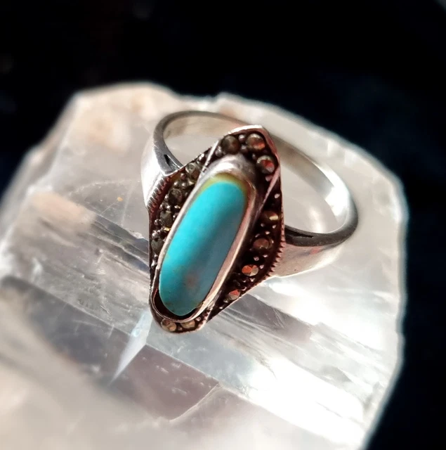 BAGUE ANCIENNE RUBAN Grise Argent Massif Pierre Verte Emeraude Femme T
