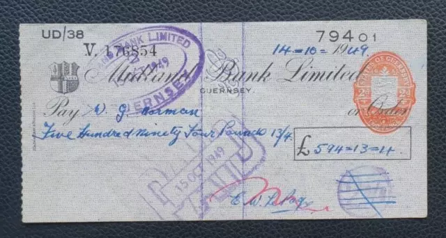 Midland Bank Ltd, Guernsey branch used cheque dated 1949 with Guernsey Revenue