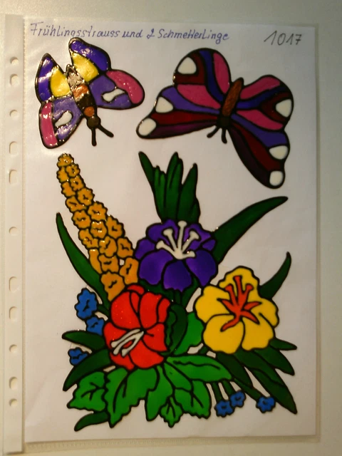 Window Color Fensterbild Deko Frühling bunter Blume   mit 2 Schmetterlingen 1017