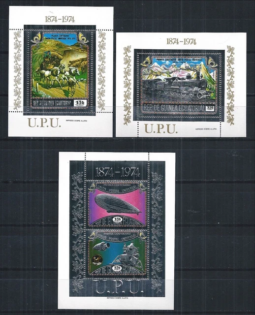 Guinea Ecuatorial 1974 Block Set Minr : 111 - 113 100 Years Upu Gold Stamps