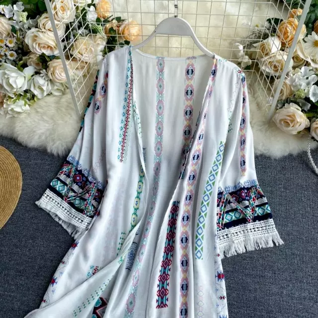 Donna Boho Lungo Cardigan Top Cover Ups Kimono Cappotto Nappa Spiaggia Viaggi