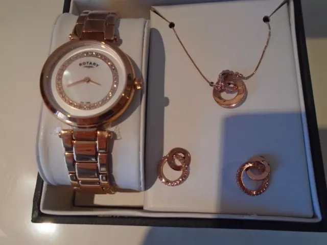 Rotary Beautiful Rose Gold Watch,Necklace & Earrings With Crystal Design-BNIB