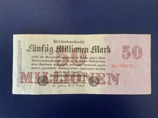 1923 German 50 Million Mark Banknote-Very Good