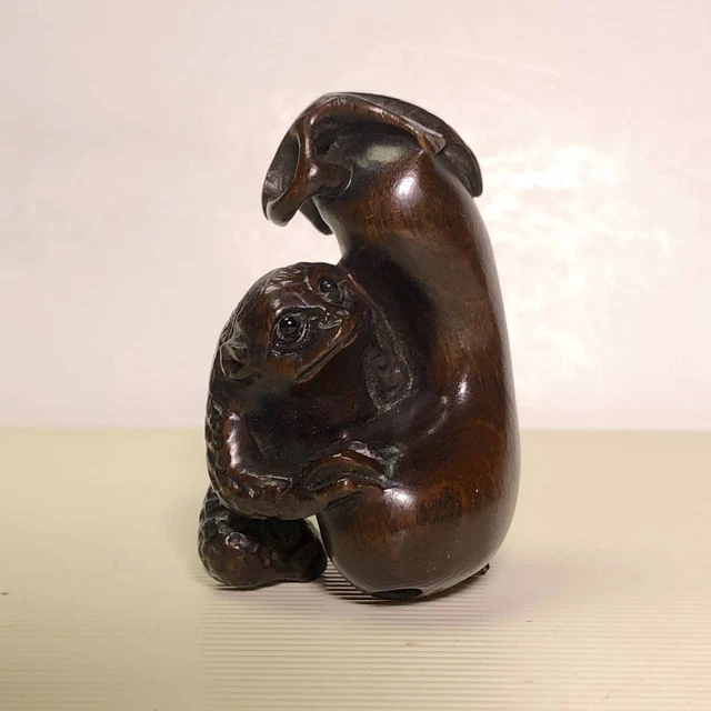 Antique Old Japanese boxwood hand carved kappa & cucumber Netsuke Decoration F/S