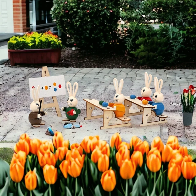 Pasqua 5er Set Legno Scuola Delle Lepri 15 x 6 X 7 CM Deco Primavera Coniglietti