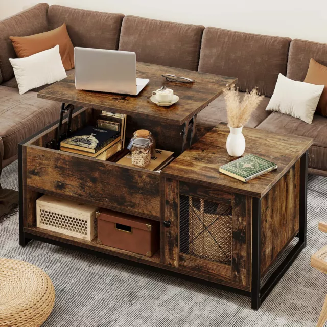 Farmhouse Lift Top Coffee Table With Hidden Compartment and Storage Shelf Brown