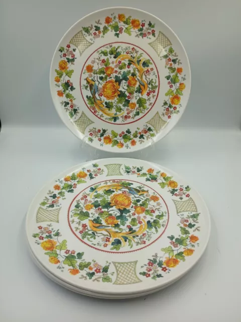 Vintage Melmac Boonton Ware 10" Dinner Plates - Set of 4 Floral Birds Oriental