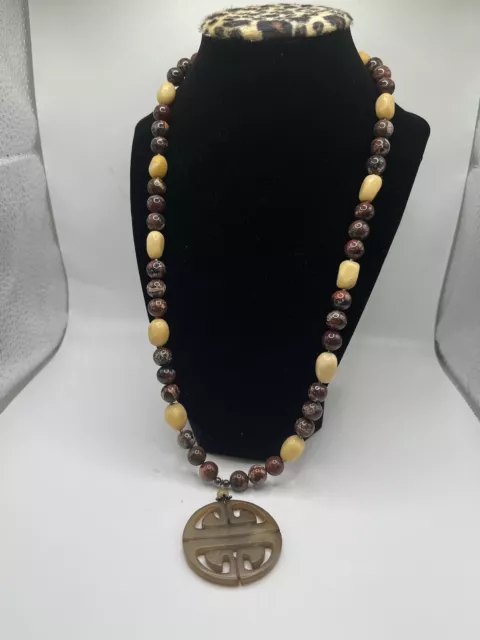 Vintage Beaded Carved Brown Jade Pendant Necklace 24” Estate Jewelry