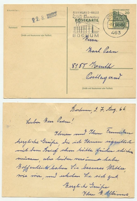 08391 - Ganzsache - Postkarte - Bochum 7.8.1966 nach Kreuth - postlagernd
