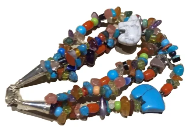 Native American Sterling Silver Fastener Color Stones Zuni Bear Bracelet 8.5”