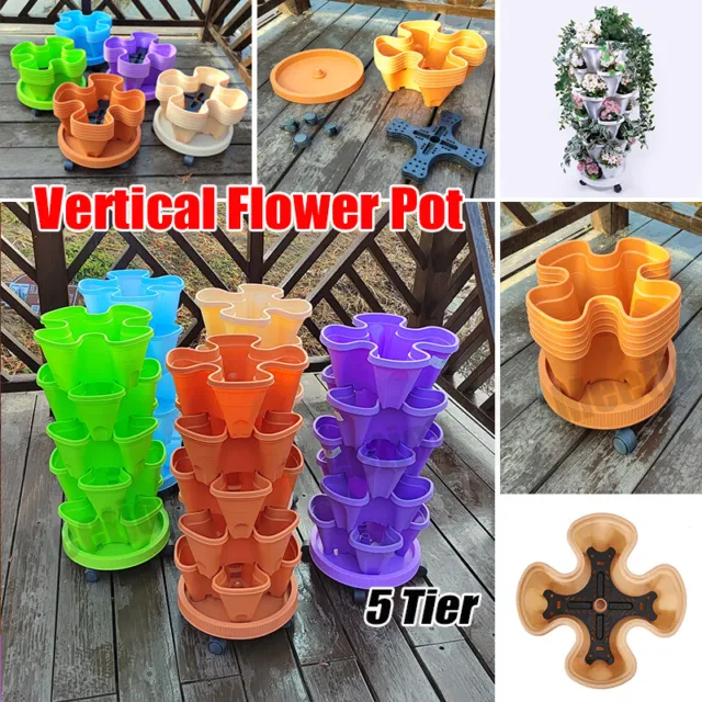 Flower Pots Vertical Garden Strawberry Herbs Stackable Planters Wheels 5 Tier