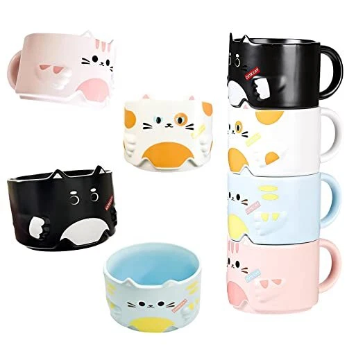 Cat Mug Set - Stackable Porcelain Mugs for Cat Lovers, 10 oz